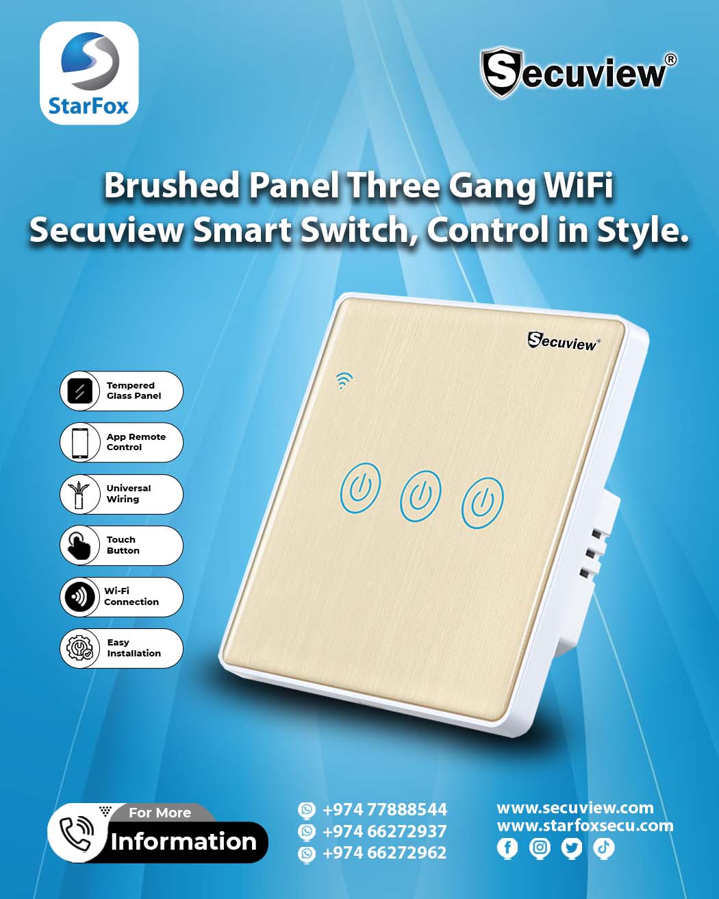 Brushed Panel Three Gang Wi-Fi Secuview Smart Switch, Control in Style.