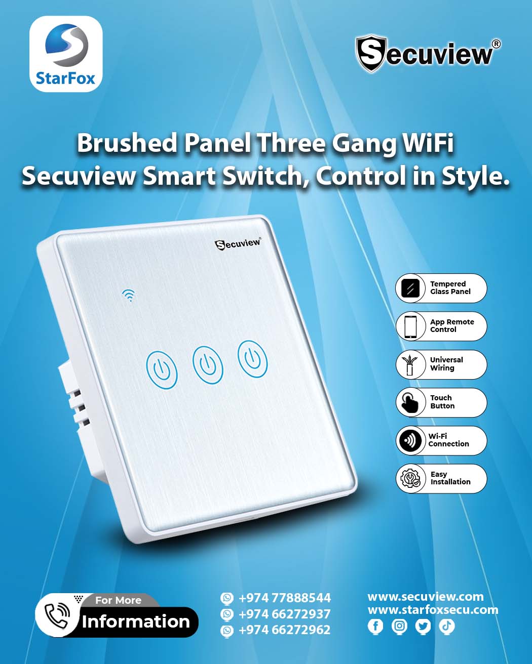Brushed Panel Three Gang Wi-Fi Secuview Smart Switch, Control in Style.