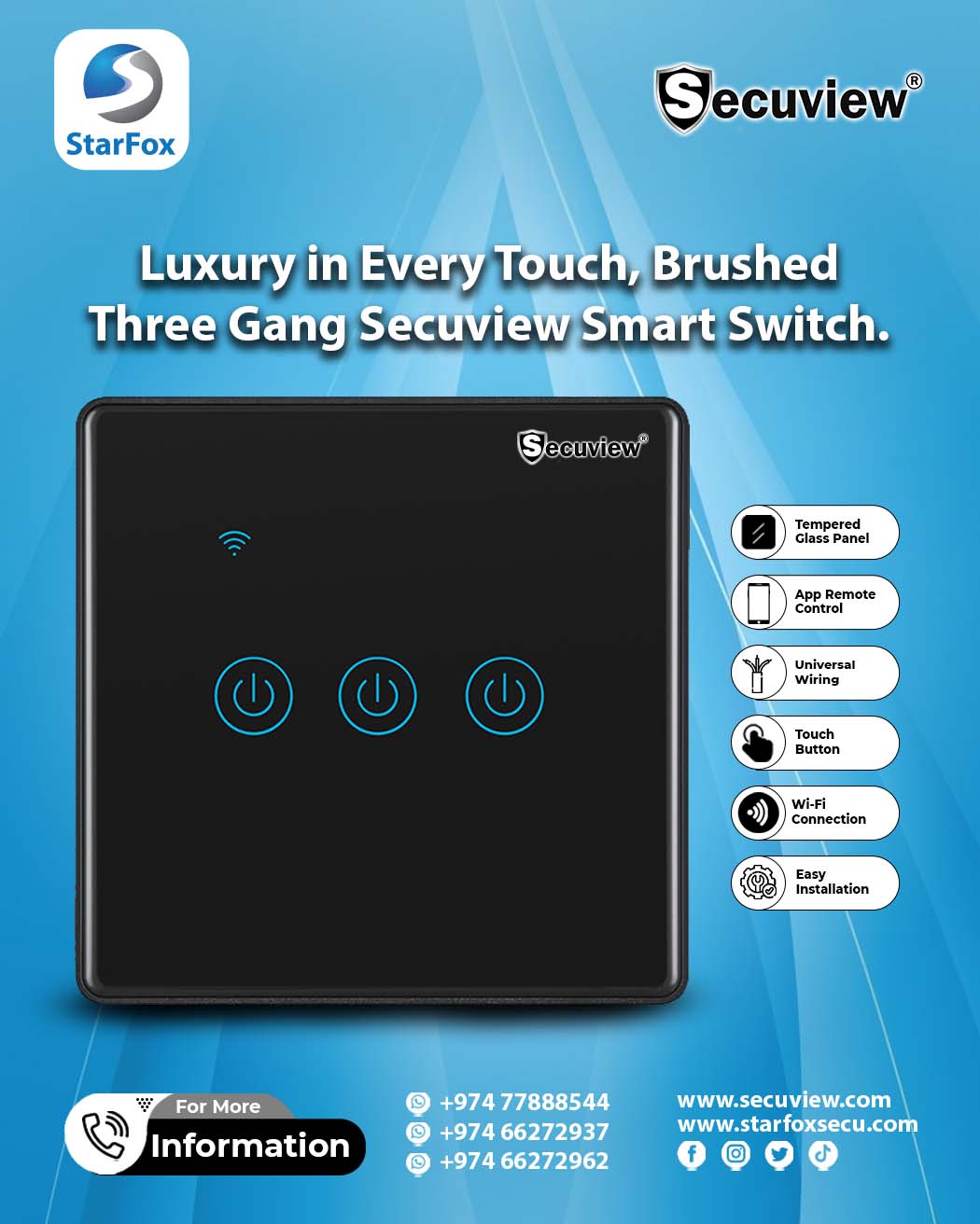 Brushed Panel Three Gang Wi-Fi Secuview Smart Switch, Control in Style.
