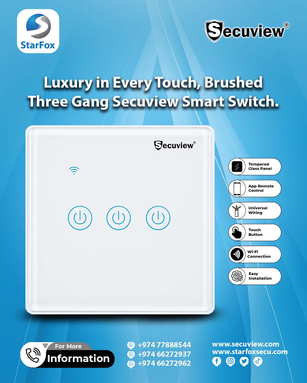 Brushed Panel Three Gang Wi-Fi Secuview Smart Switch, Control in Style.