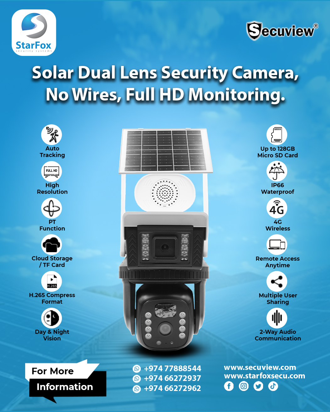 Solar Dual Lens Security Camera, No Wires, Full HD Monitoring.