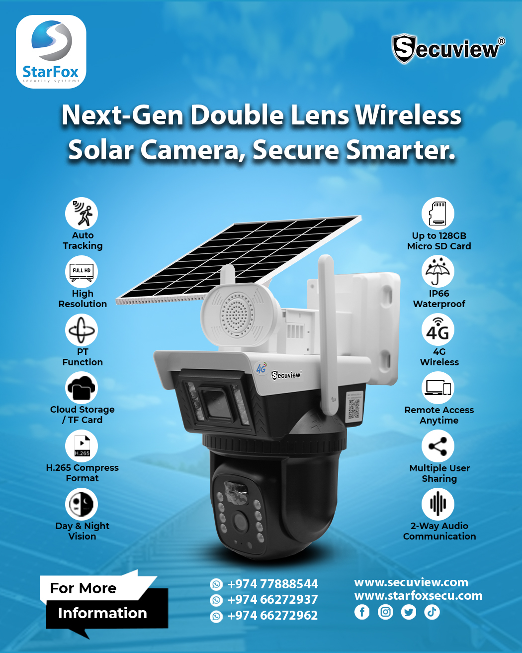 Solar Dual Lens Security Camera, No Wires, Full HD Monitoring.